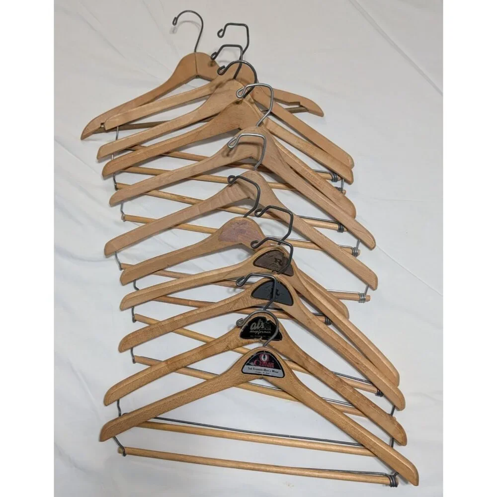 Set of 11 Vintage Wooden Suit Hangers Swivel Hooks Retro Logos